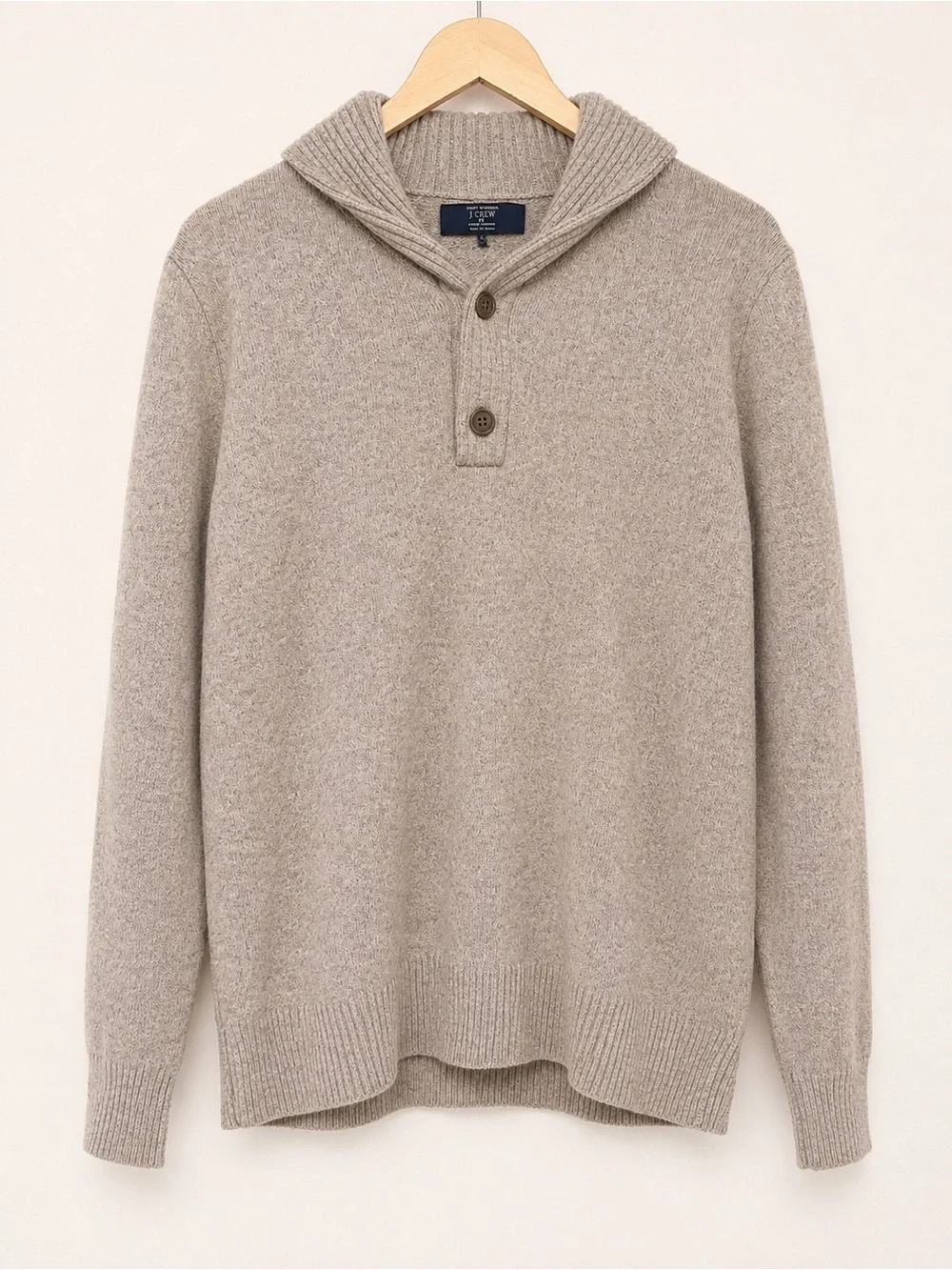 J Crew Mens L Lambswool Shawl Collar Sweater Pullover Brown Beige Knit Ribbed